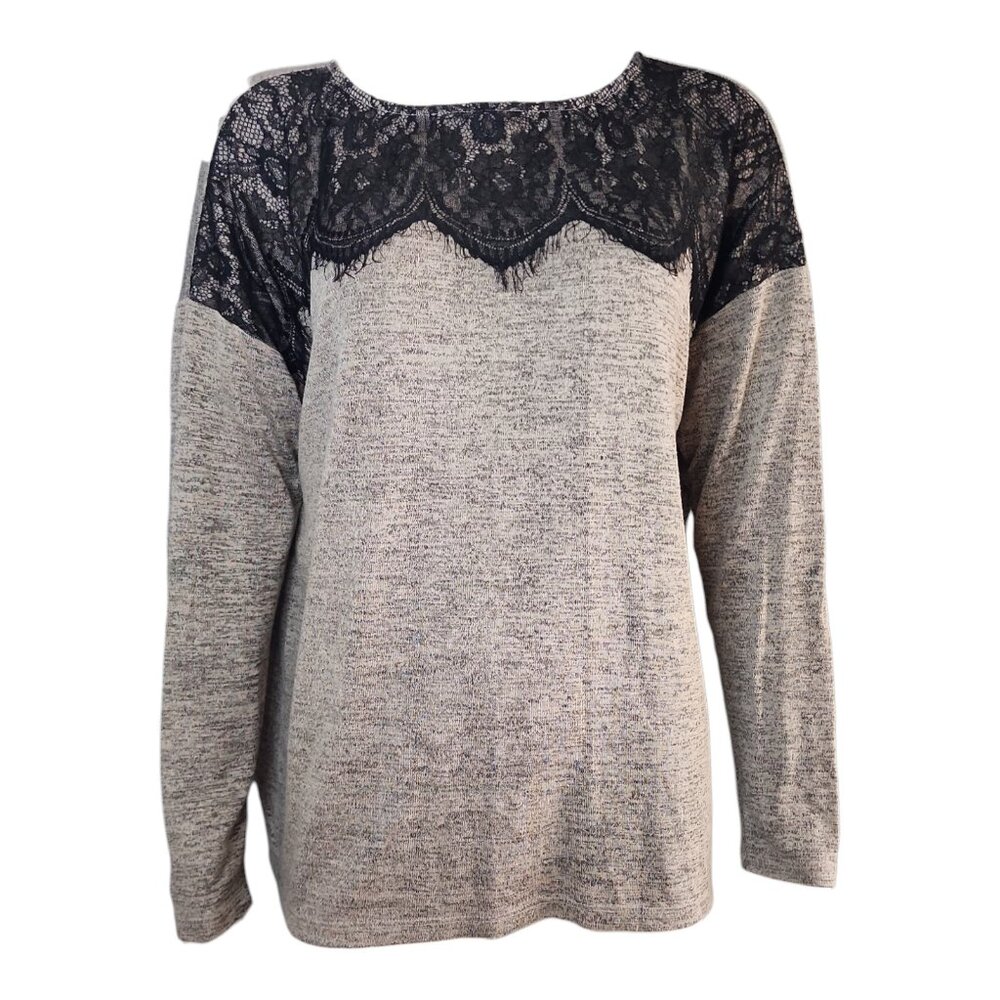 Bobeau Top Womens Size S Small Gray Black Lace Detail Long Sleeve Stretch Casual